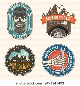 Set of motorcycle hill climb logos, badges, stickers. Vector. Extreme sport with motorcycle helmet, skull, glasses, bike, mountain and wrenches