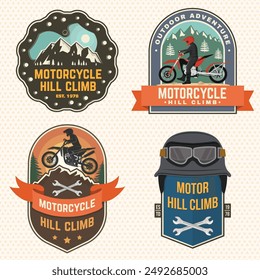 Set of motorcycle hill climb logos, badges, stickers. Vector. Extreme sport with motorbike for extreme jump and race in mountains