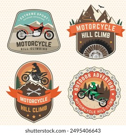 Set of motorcycle hill climb logos, badges, stickers. Vector. Extreme sport with motorbike for extreme jump and race in mountains