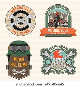 Set of motorcycle hill climb logos, badges, stickers. Vector. Extreme sport with motorbike for extreme jump and race in mountains