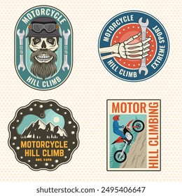 Set of motorcycle hill climb logos, badges, stickers. Vector. Extreme sport with motorcycle helmet, skull, glasses, bike, mountain and wrenches