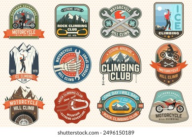 Set of motorcycle hill climb logos, badges, stickers. Vector. Extreme sport with motorbike for extreme jump and race in mountains