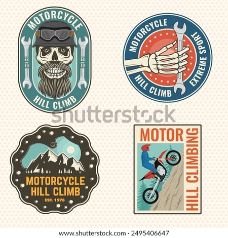 Set of motorcycle hill climb logos, badges, stickers. Vector. Extreme sport with motorcycle helmet, skull, glasses, bike, mountain and wrenches