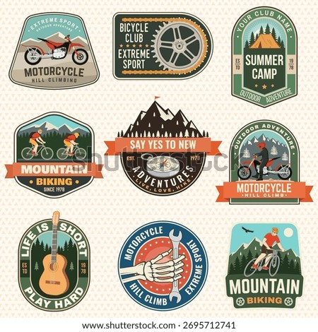 Set of motorcycle hill climb and mountain biking patch, sticker. Vector illustration. Concept for shirt or logo, print, stamp or tee. Vintage typography design with man riding bike and mountain