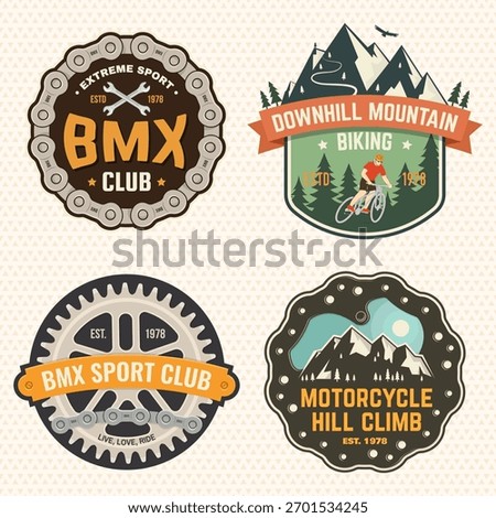 Set of motorcycle hill climb and mountain biking patch, sticker. Vector illustration. Concept for shirt or logo, print, stamp or tee. Vintage typography design with man riding bike and mountain