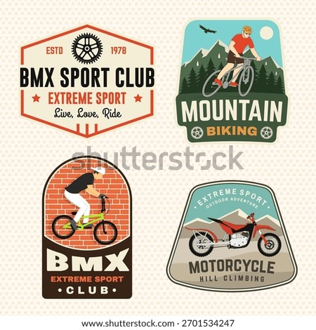Set of motorcycle hill climb and mountain biking patch, sticker. Vector illustration. Concept for shirt or logo, print, stamp or tee. Vintage typography design with man riding bike and mountain