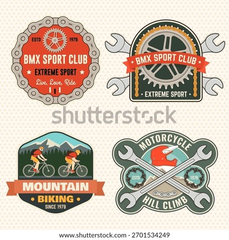 Set of motorcycle hill climb and mountain biking patch, sticker. Vector illustration. Concept for shirt or logo, print, stamp or tee. Vintage typography design with man riding bike and mountain