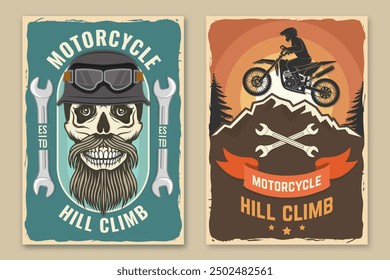 Set of motorcycle hill climb retro posters. Vector. Extreme sport with motorcycle helmet, skull, glasses, bike, mountain and wrenches