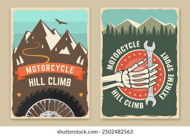 Set of motorcycle hill climb retro posters. Vector. Extreme sport with human skeleton hand holding wrench and mountains