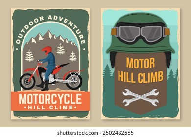 Set of motorcycle hill climb retro posters. Vector. Extreme sport with motorbike for extreme jump and race in mountains