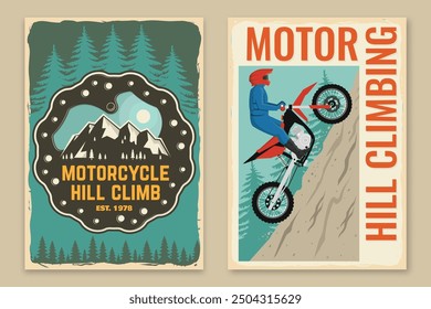 Set of motorcycle hill climb retro posters. Vector. Extreme sport with motorbike, motorcycle helmet, chains, brake disc and wrenches