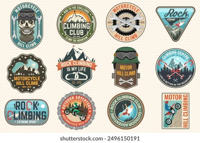 Set of motorcycle hill climb and Rock Climbing club badges stickers. Vector. Extreme sport with climber, carabiner, motorbike for extreme jump and race in mountains