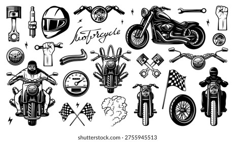 Set of motorcycle icons and biker objects in vector black and white graphic style. Illustration with bike, engine part, racer, helmet and racing flag for workshop and repair concept.