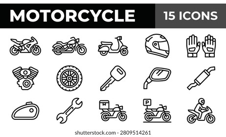 Set of Motorcycle Icons Featuring Bikes Helmets and Mechanical Parts in a Minimalist Line Art Style