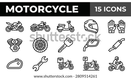 Set of Motorcycle Icons Featuring Bikes Helmets and Mechanical Parts in a Minimalist Line Art Style