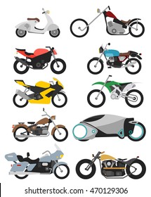 Set of motorcycle icons / retro and modern flat bikes / racing and street motorbikes / scooter, motorcycles on white