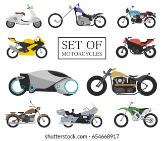 Set of motorcycle icons. retro and modern flat bikes. racing and street motorbikes. scooter on white.