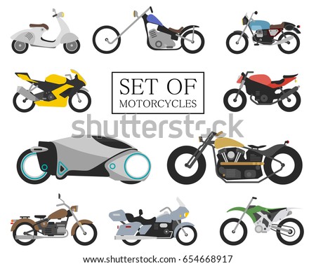 Set of motorcycle icons. retro and modern flat bikes. racing and street motorbikes. scooter on white.