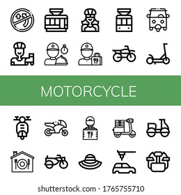 Set of motorcycle icons. Such as No overtaking, Roller skate, Tramway, Delivery man, Biker, Delivery guy, Motocross, Rickshaw, Scooter, Home delivery, Motorcycle , motorcycle icons
