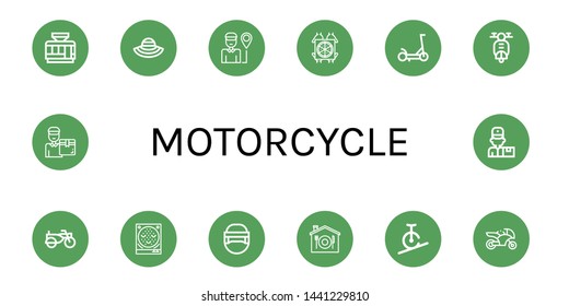 Set of motorcycle icons such as Tramway, Sun hat, Delivery man, Pizza deliver, Scooter, Sidecar, Pachinko, Hockey helmet, Home delivery, Rope biking, Motorcycle , motorcycle