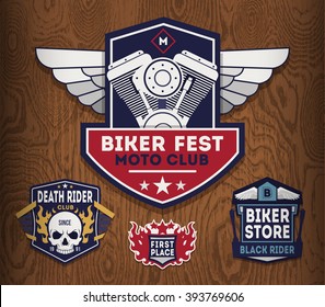 Set of motorcycle labels, badges.Sports insignia emblem set. Motorcycle vintage design. Biker emblem design elements