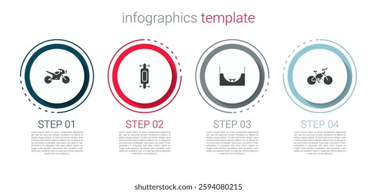 Set Motorcycle, Longboard skateboard, Skate park and Bicycle. Business infographic template. Vector