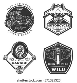 Set of motorcycle monochrome emblems, labels, logos and motorbike badges with descriptions of custom bikes, classic garage, born to be wild. vector illustration