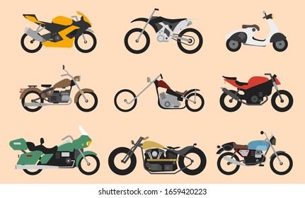 Set of motorcycle or motorbike, bike or extreme cycle. Retro street scooter and modern cruiser or moped. Collection transports for road racing.