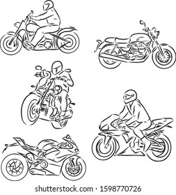 Set of motorcycle and motorcyclist, vector sketch illustration 