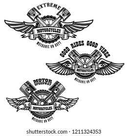 Set of motorcycle repair emblems. Bike motor, pistons. Design element for logo, label, emblem, sign, poster. Vector illustration