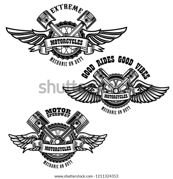 Set of motorcycle repair emblems. Bike\
motor, pistons. Design element for logo, label, emblem, sign,\
poster. Vector\
illustration