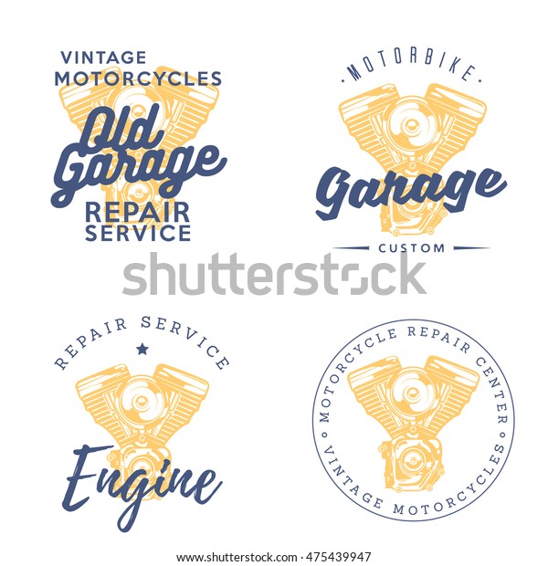 Set of motorcycle repair services\
themed labels, logos, badges, emblems with motorcycle\
engine