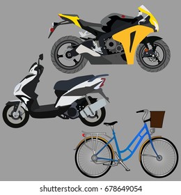 Set motorcycle, scooter, bicycle, extreme transport. A realistic image. Urban vehicle