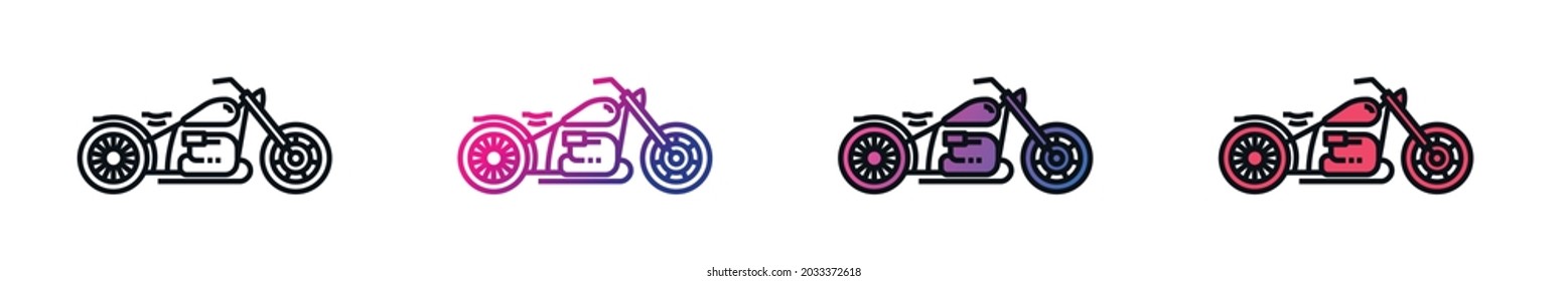 Conjunto de iconos de esquema del vector de motocicleta negro, degradado lineal aislado en fondo transparente
