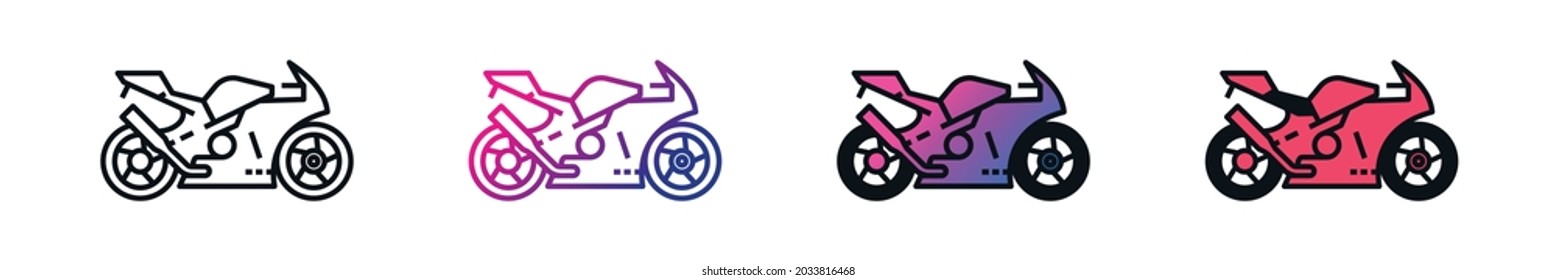 Set of Motorcycle vector outline style black, gradient linear icons isolated on transparent background