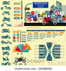 Set of motorcycles elements, transportation infographics.  Vector illustration