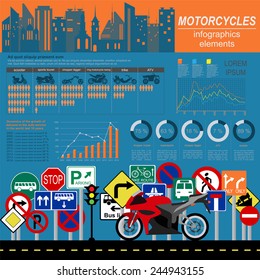 Set of motorcycles elements, transportation infographics.  Vector illustration