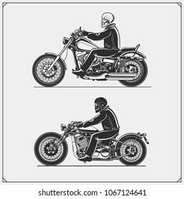 Set of motorcycles. Emblems of bikers club. Vintage style. Monochrome design