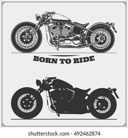 Set of motorcycles. Emblems of bikers club. Vintage style. Monochrome design.