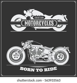 Set of motorcycles. Emblems of bikers club. Vintage style. Monochrome design.