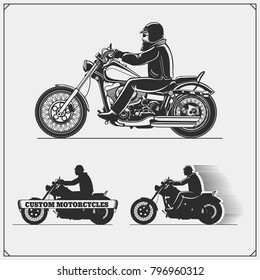 Set of motorcycles. Emblems of bikers club. Vintage style. Monochrome design.