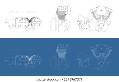  Set Motorcycles engine V-twin line drawing technical blueprints Illustration. vector isolated on white and blue background