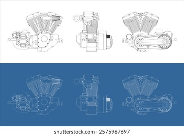 Set Motorcycles engine V-twin line drawing technical blueprints Illustration. vector isolated on transparent background