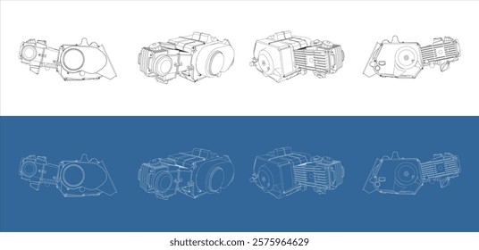 Set Motorcycles engines 100cc line drawing technical blueprints illustration vector. isolated on transparent background