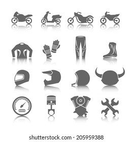 Set of motorcycles helmet gloves boots jacket pants riders icons in gray color with reflection