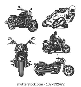 Set of motorcycles illustrations isolated on white background. Black and white vector illustrations.