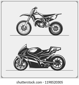 Set of motorcycles. Motocross and motoracing. Emblems of bikers club. Monochrome design.