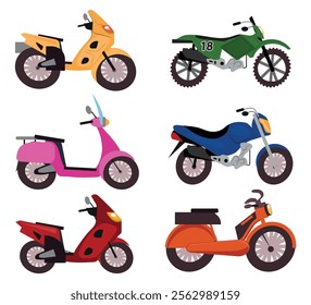 set of motorcycles in various styles and colors, motorcycle for extreme sports, powerful engine. vector illustration with white background.