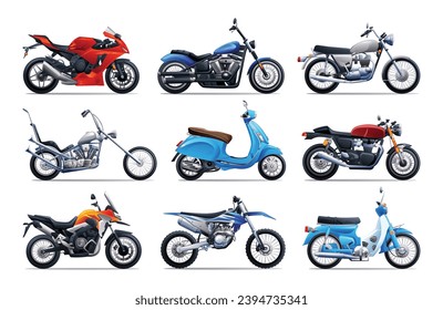 Set of motorcycles in various types. Vector cartoon illustration