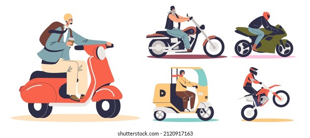 Set of motorcyclist on motorbikes. Men bikers riding different motorcycles electric scooters, bikes, choppers wearing protective helmets. Cartoon flat vector illustration